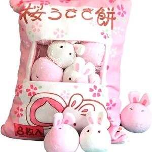 Cute Pink Throw Pillow With Stuffed Animal Toys! Removable Soft Fluffy Bunnies!